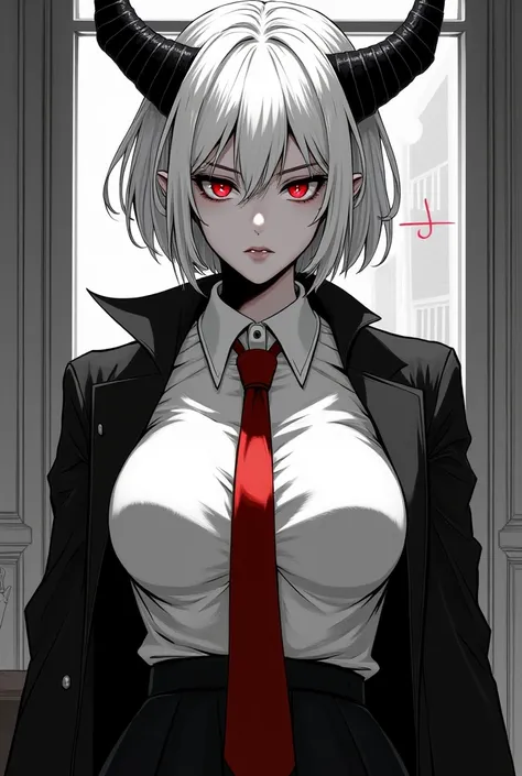  I want to generate an image of a character , Its called Zani from Wuthering Wave ,  I would like it to be in black and white manga style, She is an adult woman with white hair ,  she is a demon with red eyes and black horns as if they were a goat she has ...