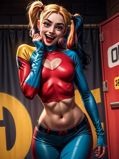 Harley Quinn. She has long hair, black eyes and fair skin. She is of average height, slim but curvy, expression of joy, happiness, sensual pose. looking at the viewer.