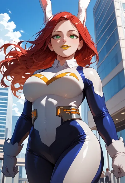 woman, big breasts, anime style, yellow lipstick, red hair, long hair, green eyes, white skin, rabbit ears, wide hips, white superhero outfit, buildings in the background