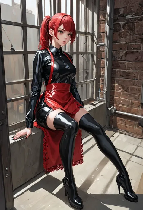  highest image quality, masterpiece fails,  Portrait painting , Japanese,25+,Model, girl of incredible beauty,very angry,(( full height)), (( hairstyle two ponytails ,  red hair)), straight brow bangs ,(((  red lace latex Apron))) ,(latex maid outfit ),cov...