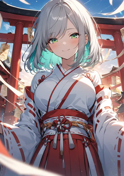 1 girl, Game CG, 
shallow depth of field, a portrait with a soft Gaussian blurred background, creating a dreamy atmosphere, focus on face, 
from bellow, straight standing, looking viewer, enjoy expression, seductive smile, blush,

(silver Hair,  turquoise ...