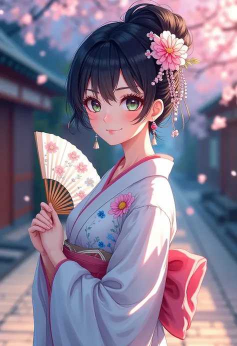 portray, (watercolor style:1.4), (sketch:1.4), 1girl, mature woman, solo, black hair, intricate hairstyle, hair flower, gradiant eyes, green pink eyes, eyelashes, blush, parted lips, beautiful lips, (shiny skin), white traditional japanese kimono, detailed...