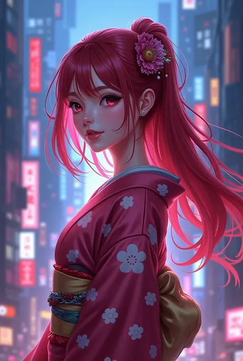  Create an anime-style illustration with a cyber Tokyo vibe, with a haired girl Marsala wearing a kimono 