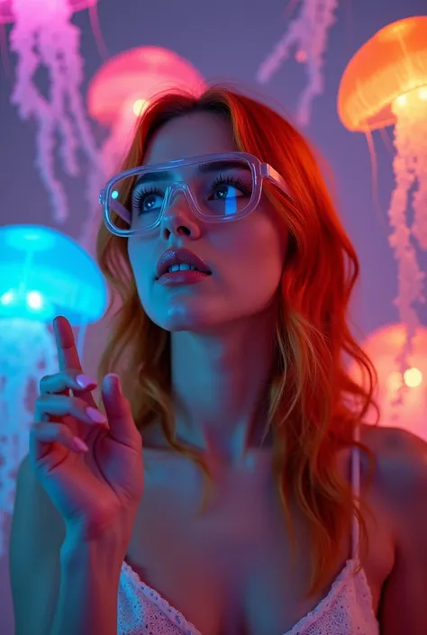 Here’s the modified prompt:

A hyper-realistic fashion portrait of a young woman with orange hair, wearing safety glasses. She has light-colored eyes and is surrounded by floating jellyfish of different colors inside a room. Each jellyfish is in a differen...