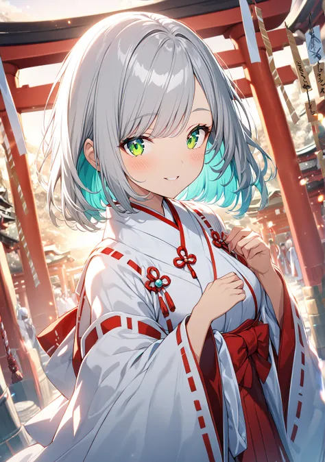 1 girl, Game CG, 
shallow depth of field, a portrait with a soft Gaussian blurred background, creating a dreamy atmosphere, focus on face, 
from bellow, straight standing, looking viewer, enjoy expression, seductive smile, blush,

(silver Hair,  turquoise ...