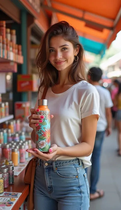 "Create an image of a 19-year-old, very beautiful college girl shopping in a market. She has a confident and busy-minded personality, her expression showing that she’s thoughtfully considering her purchase. She is casually dressed in a trendy t-shirt and j...