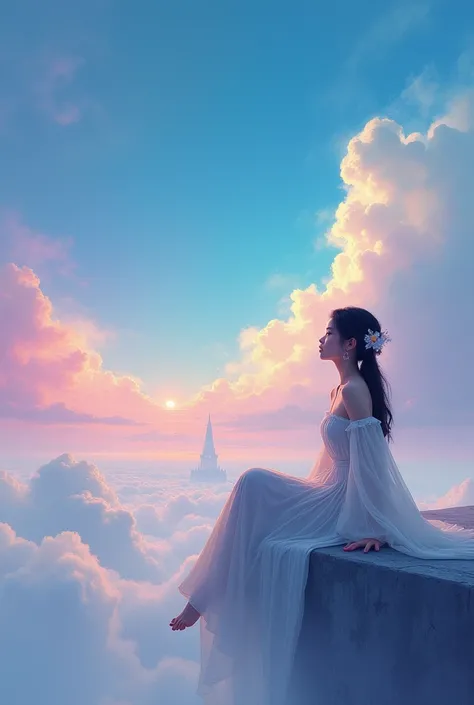 Portrait of an Asian woman sitting alone on the edge of a different sky