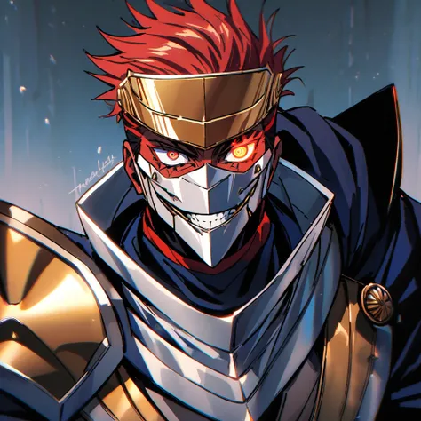 jujutsu kaisen, A modern knight with shoulder-length red hair, wearing hero armor. The armor combines traditional knight design with modern materials, featuring metallic plates and glowing accents. he faces front, grinning at the viewer, taking a picture f...