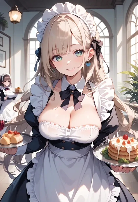 ((masterpiece, best quality, ultra detailed, high resolution, detailed facial description)), (1 girl), (maid, maid headdress, maid apron, mini skirt:1.3), (black long hair), (light makeup), (breasts on tray, breast rest, tray, breasts out, large breasts, h...