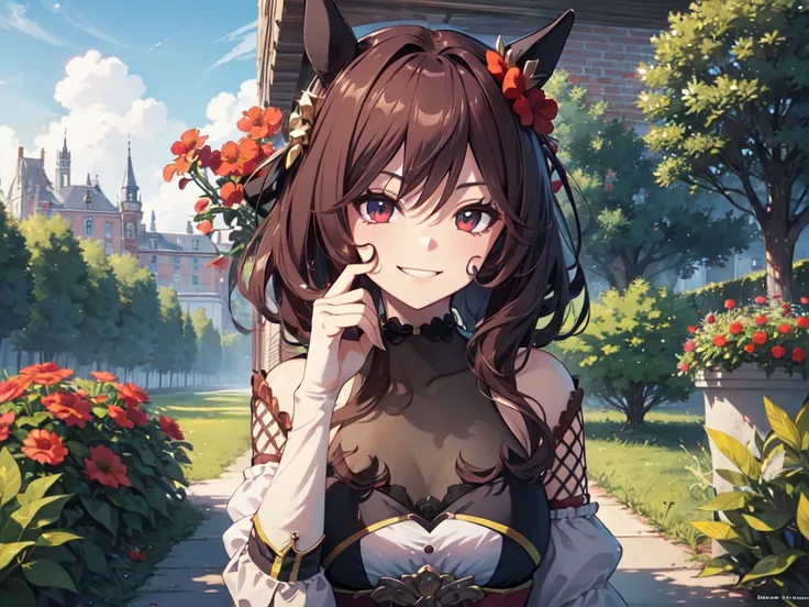 (Fan art for PC wallpaper), horse ears, makeup, smiling and showing gums, chin on arm, red flower bed, scarlet sky, inside the castle walls, wind blowing, character key visual illustration, anime, UHD, Retina, masterpiece, accurate, anatomically correct, t...