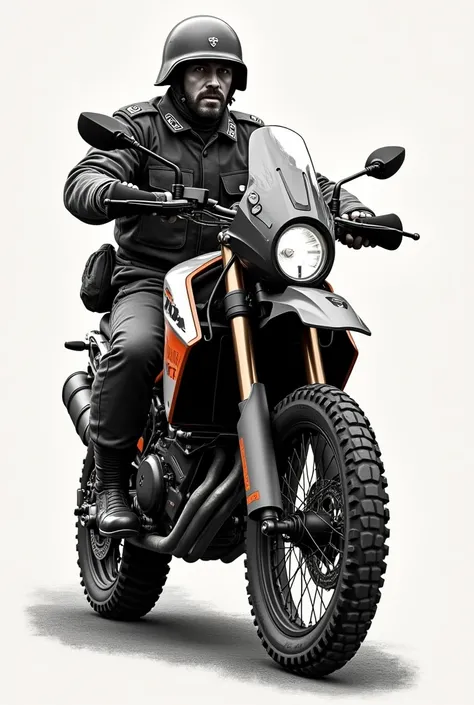 It will generate a single-color tattoo of a KTM motorcycle model 1290 Super Adventure S 2023 with a German soldier from World War II riding on it