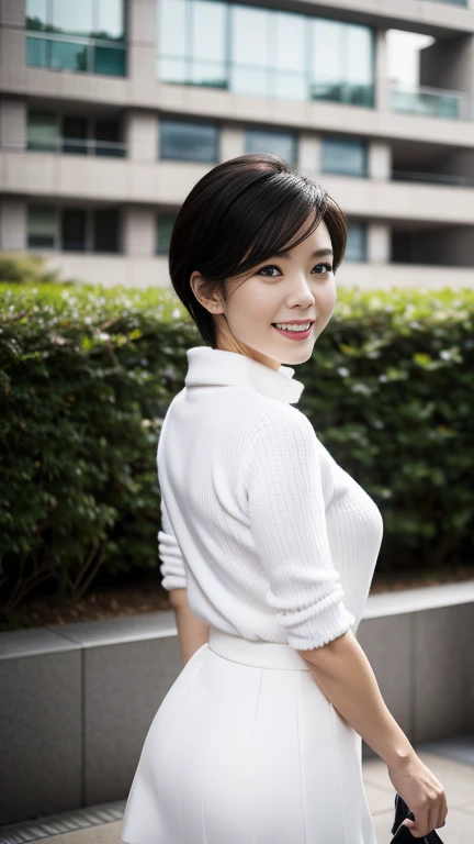 (f/2.8, 135mm, UHD, masterpiece, anatomically correct, textured skin, super detail, best quality, 8k、 sharp focus 、 one woman、A Japanese woman in her 50s, White lightweight blouse　break　 wearing a black self-cut ribbed eyeliner skirt, black short bob cut h...