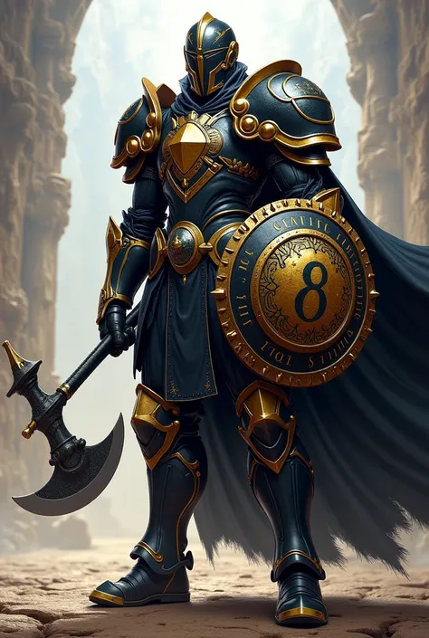 Paladin in black golden armor with a black cape with the eternity symbol . He has a crickaxe in the form of a lying 8 and a round large shield on which a lying 8 is