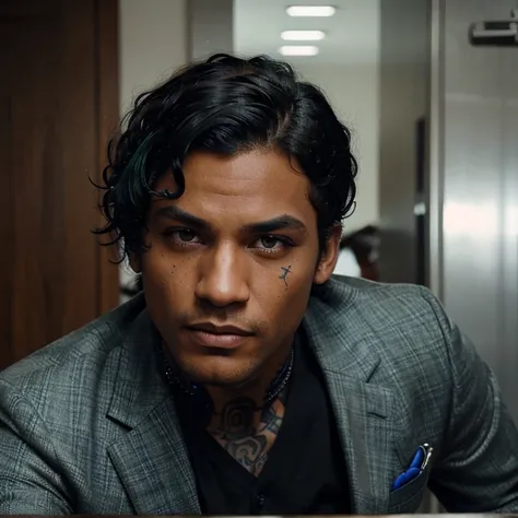 Melanin man with a strong face structure, Heterochromia blue and green with a scar piercing through his left eye .Short, curly type 4c  black hair and a neck tattoo, muscular, gangster ,hot, mid twenties wearing a half buttoned suit