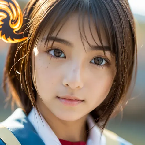 Lens: 135mm f1.8,( best quality),(masterpiece:1.1), ( beautiful Japanese girls),  (  brown eyes with a small mechanical phoenix perched behind the moy strip ), Narrow eyes,  double eyelids,
 (Have a look at another), (close-up:1.4),  shame, faint smile,
( ...