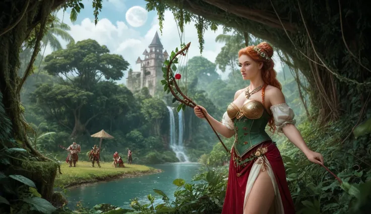  A mystical representation of Amazonian warrior women in a dense and mythical rainforest. There are several female warriors wearing ancient and intricate armor., adorned with feathers, holding bows and arrows .  The background is a lush jungle with tall tr...