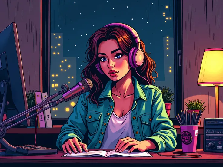 Comic book art-style A woman sitting in a studio doing a podcast at night with headphones 