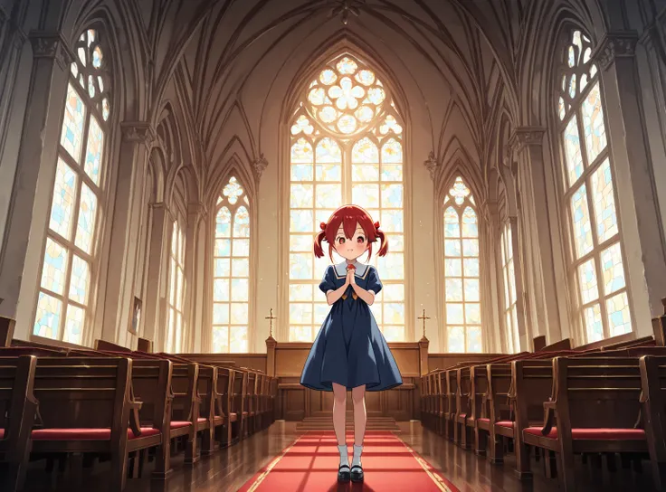 cute little anime girl with pigtails full body praying in church