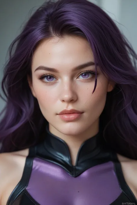 The heroine is an adult girl, she is 21 years old.She has light skin color, her hair is gray-purple, the tips of her hair are purple, her left eye is purple, her right eye is blue, she has a scar on her left eye, she is wearing a purple-black hero costume