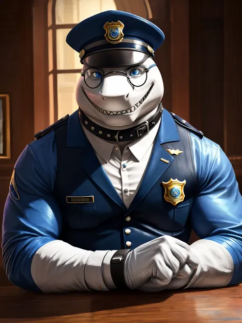 Solo, Male, close up, fat, extremely obese, gentleman, dapper Shark, blue eyes, (soft shading), 4k, hi res, ((detailed face, detailed)), looking at viewer, evil grin, police station, collared shirt with buttons, hat, male focus, Police Uniform, glasses, mo...