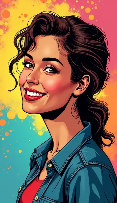 DISCREET image. with discreet casual clothes. image adult woman, american, comic book style. happy. IMAGES WITH VIBRANT COLORS. with Colorful background. with face profile
