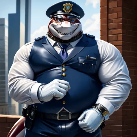 Solo, Male, close up, fat, extremely obese, gentleman, dapper Shark, blue eyes, (soft shading), 4k, hi res, ((detailed face, detailed)), looking at viewer, evil grin, police station, collared shirt with buttons, hat, male focus, Police Uniform, glasses, mo...