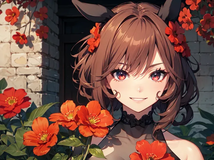 (Fan art for PC wallpaper), Horse ears, Makeup, Smiling showing gums, Chin on arm, ((Red flower bed)), (Red sky), Inside the castle walls, Wind blowing, Character key visual illustration, Anime, UHD, Retina, Masterpiece, Accurate, Anatomically correct, Tex...