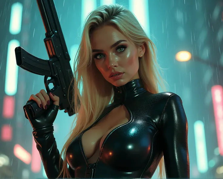 close up cinematic photography of a beautiful blonde woman, green eyes, long hair, sexy and sculpted body, beautiful breasts, wearing a sexy police outfit, holding a futuristic long gun with both hands, standing in front of a futuristic building, at night,...