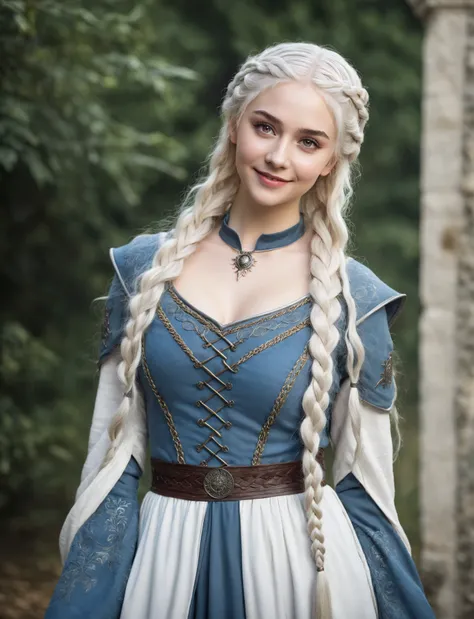 hyperrealistic beautiful 18 yo european woman, game of thrones style cosplay outfit, realistic hazel eyes, Fashion-style image, premium quality clothes, reserved smile, decent makeup, realistic long white braided hair, posing for the camera, fullbody fanta...