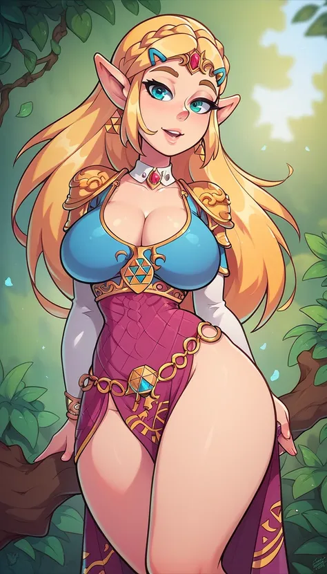 Princess Zelda girl, Big breasts, Sexy, Medium Thighs, Thin Waist, Very Wide Hips, Pinup Style, Cartoon Style,