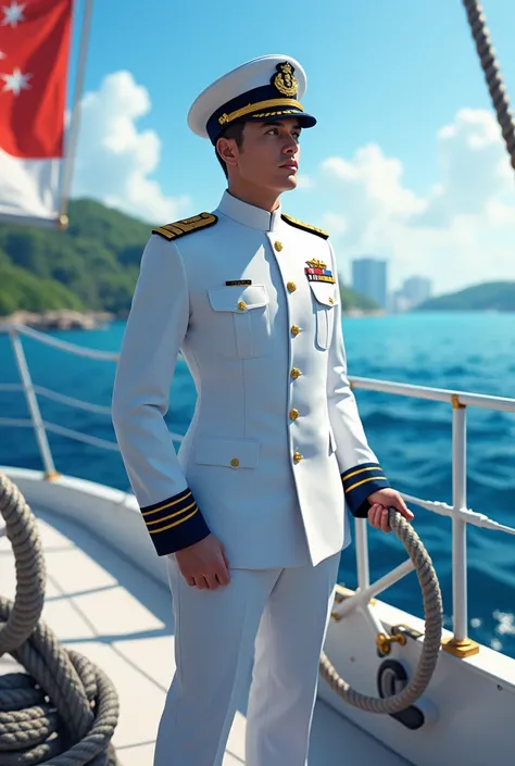  A determined captain in white and blue uniform stands on a ship, sailing through the seas off Singapore .