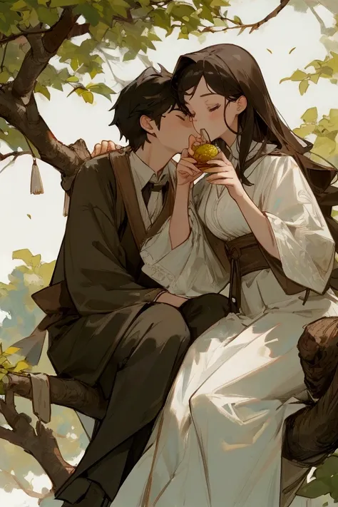 You have a man and a woman sitting on a branch in a tree while eating something. in a quiet environment 