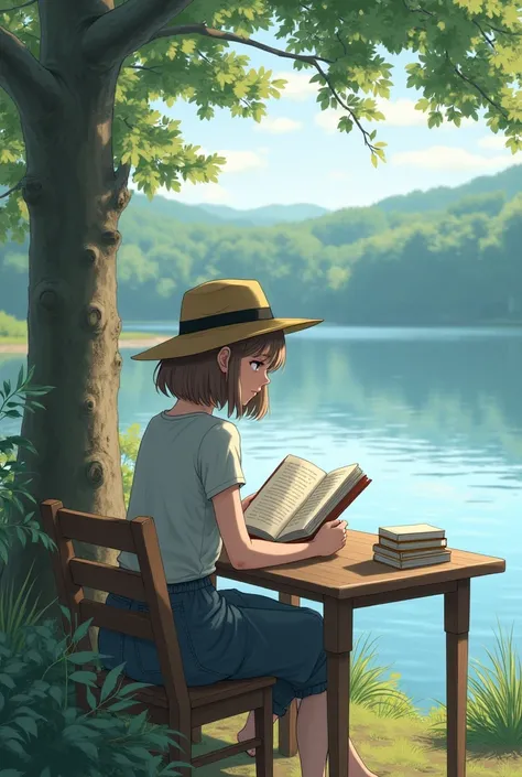 Une fille cheveux mis long chatain claire avec un chapeau en train de lire un livre sur une chaise a une table au bord d’un lac 