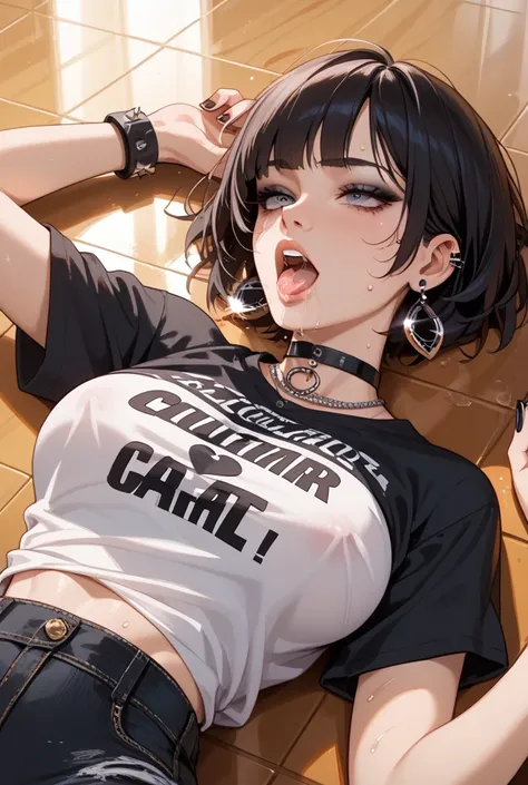 A goth woman in a short t-shirt and miniskirt lying on the floor with her legs open and is sweating all over her body and face. alone, breasts,  looking at the spectator ,  short hair,  Open mouth, cabello negro, breasts grandes, Earrings, language, saliva...