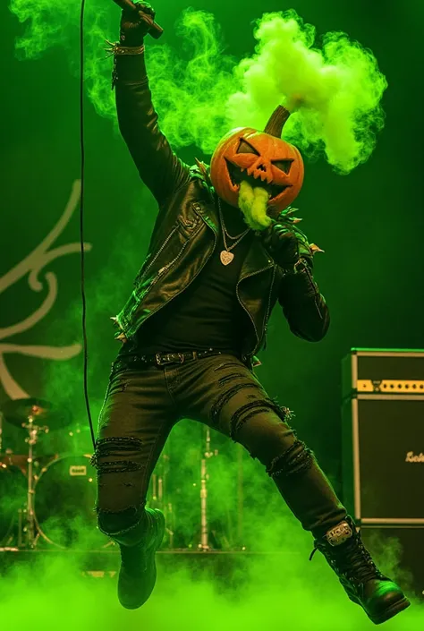 A powerful rock singer with a carved pumpkin head that leaks green smoke through its jagged eyes and mouth. His stage outfit includes a spiked leather jacket with glowing green accents, ripped jeans with chain details, and heavy combat boots. Around his ne...