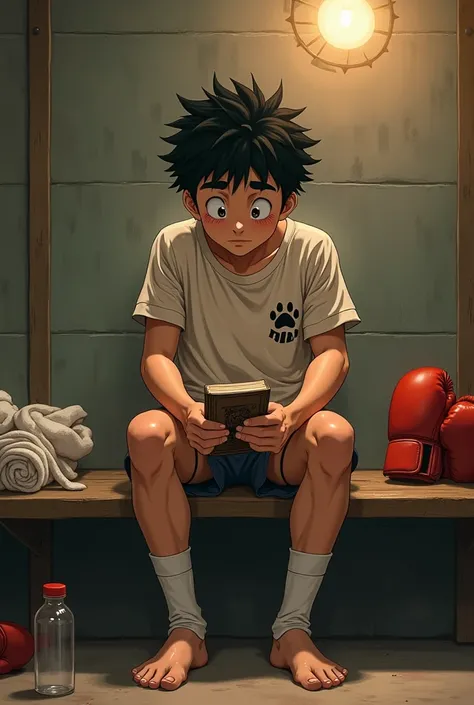 A photorealistic depiction of Ippo Makunouchi, the protagonist of "Hajime no Ippo," sitting in a gym locker room after a grueling boxing match. He is seated on a simple, worn wooden bench with his legs slightly apart and feet firmly on the ground, his body...