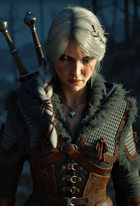 The image is a high-resolution photograph in a realistic, cinematic style depicting a close-up of a woman with fair skin and white hair, styled in a single braid that falls over her right shoulder. She wears a rugged, medieval-style armor with intricate le...