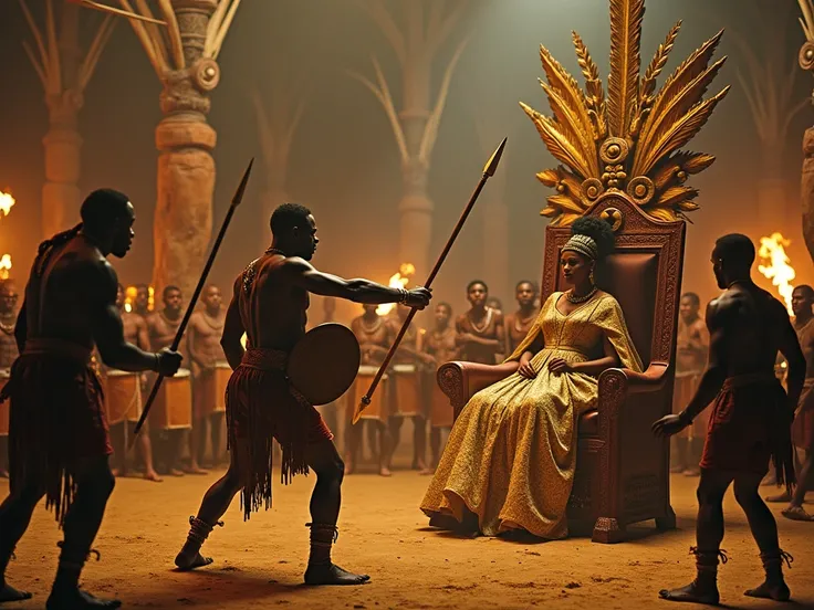 "A dramatic and surreal depiction of a traditional African wedding ritual where the bride is a regal prize, observing as the groom fights for her hand. The groom, wielding a ceremonial spear and shield, faces off against fierce warriors in an arena surroun...