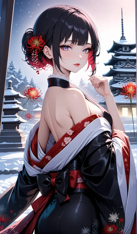 score_9, score_8_up, score_9_up, source_anime, ellenjoe, night, passionless, closed mouth, ellen joe, black hair, sexy body, colored inner hair, multicolored hair, grey eyes, winter, air into her hair, shes touching her hairs, shy, timid, a lot of wind, ...