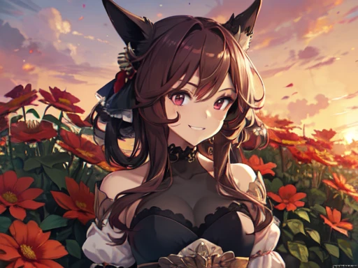 (Fan art for PC wallpaper), (staring at chest), (shortened fingers), horse ears, makeup, smiling with gums showing, chin on arm, ((red flower bed)), (red sky), inside the castle walls, wind blowing, anime, UHD, Retina, masterpiece, accurate, anatomically c...