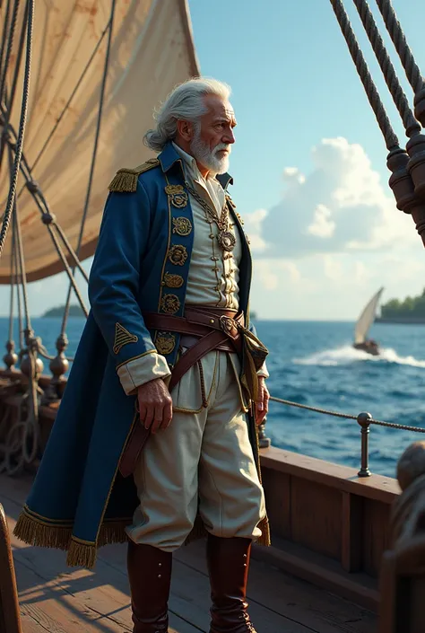 A determined elderly pirate captain in 1800 in white and blue uniform stands on an old ship, sailing through the seas off Singapore .