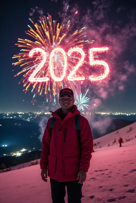 photo of an Indonesian young man wearing a baseball cap, brightly colored winter clothes posing standing with a smiling face facing the camera on a snowy mountain peak showing a night view featuring a spectacular colorful fireworks light show, in the middl...