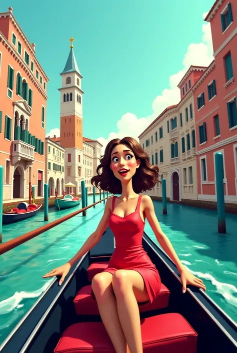  Make an image of a woman riding a gondola along a canal in Venice,  must be in color and must represent a comic situation . 
It is important that the name “LA SIRENISSIMA” appears 