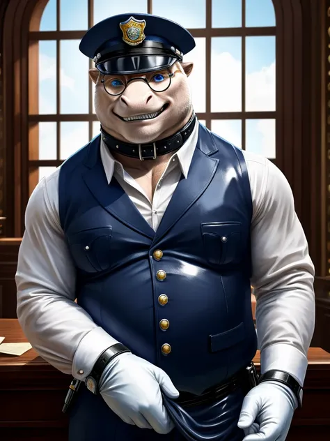 Solo, Male, close up, fat, extremely obese, gentleman, dapper Whale, blue eyes, (soft shading), 4k, hi res, ((detailed face, detailed)), looking at viewer, evil grin, police station, collared shirt with buttons, hat, male focus, Police Uniform, glasses, mo...