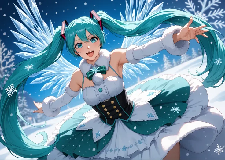  dynamic pose,solo, 1 girl,  high resolution , Hatsune Miku,  Hatsune Miku в полный рост, A Christmas anime vocaloid drawing can depict an idol in the guise of a magical snowflake.  The idol will be completely decorated in winter colors : white ,  blue and...