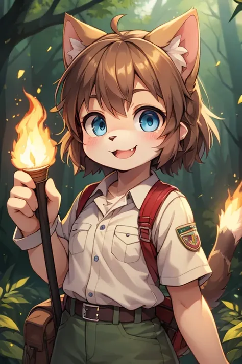 Little furry girl, cat facial expressions, messy hairstyle, detailed body, scout clothes, blue eyes, attractive smile, cinema shot, lens aperture 1.4, forest background, holding a torch, best quality. 