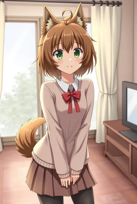 indoors,living room,
Aika,1girl,solo,dog girl,brown hair,animal ears,furry female,dark-skinned female,green eyes,tail,short hair,animal nose,dog ears,messy hair,dog tail,bangs,
full body,smile,long eyelashes,parted lips,
