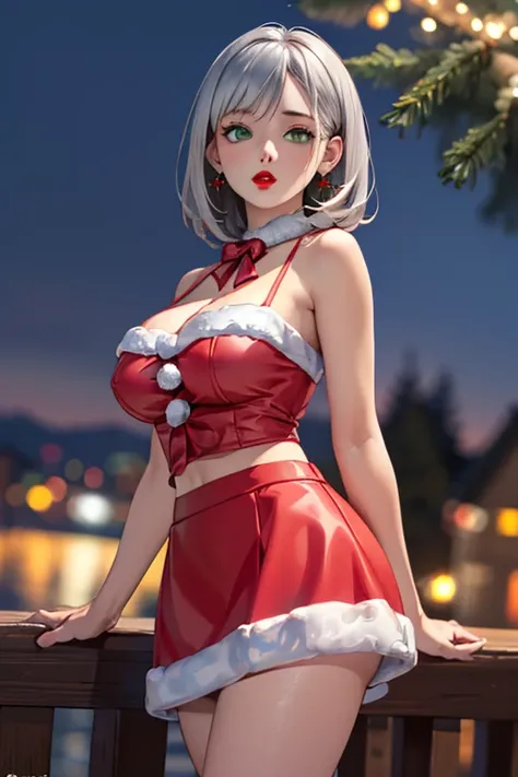 (( best quality)), (( masterpiece)), ( Detailed ), (8K)1 woman, ((wearing Christmas clothing )), ((neckline)), ((mini skirt)), (( big breasts)), (( silver hair)), (( green eyes )), ((Red lips)), ((astonished face )), (( Christmas landscape )), (( seen from...