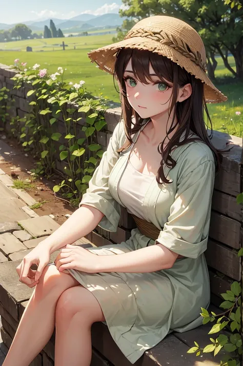 Young ancient Greek farmer woman with short wavy brown hair, green eyes, tired look, dressed in a low-cut ancient Greek farmers outfit, sitting on her farm in the exhausted evening