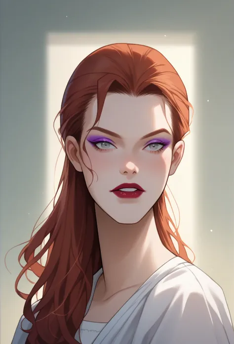 score_9, score_8_acima, score_7_acima,1 girl,pale, white skin and a slender build. She has light grey eyes and auburn hair which has a noticeable white streak that goes down the front of her hair. She wears thick, purple eyeshadow and has matching lipstick